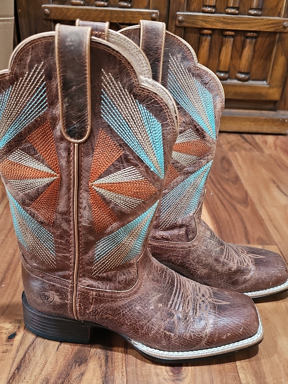 Ariat Brown Leather Cowboy Boots with Turquoise & Rust Stitching